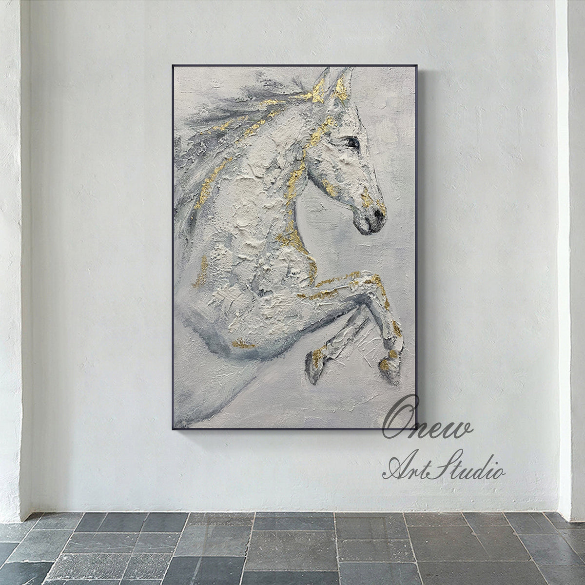 Abstract White Horse Oil Painting on Canvas, Original Hand-painted Horse Canvas Wall Art, Modern Animal Painting for Living Room, Home Décor