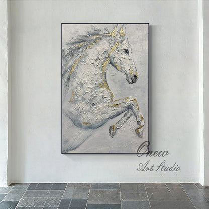 Abstract White Horse Oil Painting on Canvas, Original Hand-painted Horse Canvas Wall Art, Modern Animal Painting for Living Room, Home Décor