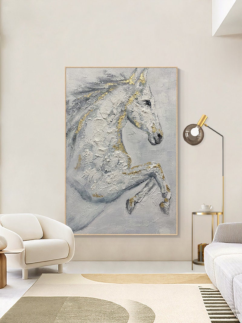 Abstract White Horse Oil Painting on Canvas, Original Hand-painted Horse Canvas Wall Art, Modern Animal Painting for Living Room, Home Décor