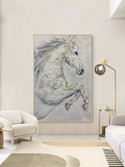 Abstract White Horse Oil Painting on Canvas, Original Hand-painted Horse Canvas Wall Art, Modern Animal Painting for Living Room, Home Décor