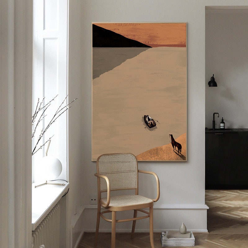 Large Abstract Landscape Oil Painting on Canvas, Original Mountain and River Canvas Art, Modern Ferryman and Horse Wall Art for Living Room