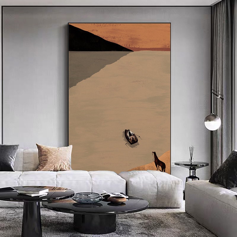 Large Abstract Landscape Oil Painting on Canvas, Original Mountain and River Canvas Art, Modern Ferryman and Horse Wall Art for Living Room