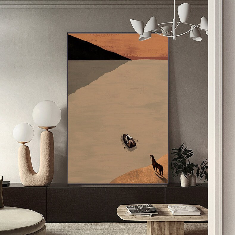 Large Abstract Landscape Oil Painting on Canvas, Original Mountain and River Canvas Art, Modern Ferryman and Horse Wall Art for Living Room