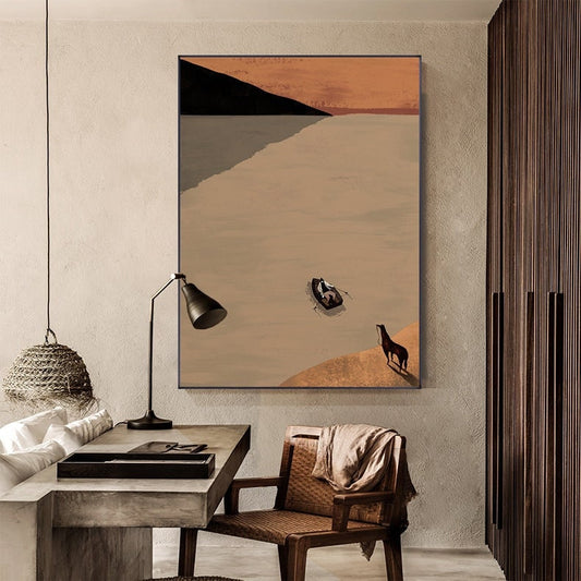 Large Abstract Landscape Oil Painting on Canvas, Original Mountain and River Canvas Art, Modern Ferryman and Horse Wall Art for Living Room