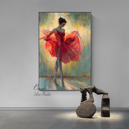 May include: A painting of a ballerina wearing a red tutu and pointe shoes. The ballerina is standing on a stage with a light background. The painting is done in a realistic style with brushstrokes visible.