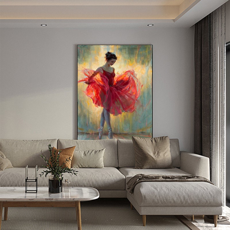 May include: A painting of a ballerina wearing a red tutu and pointe shoes. The ballerina is standing on a stage with a light background.
