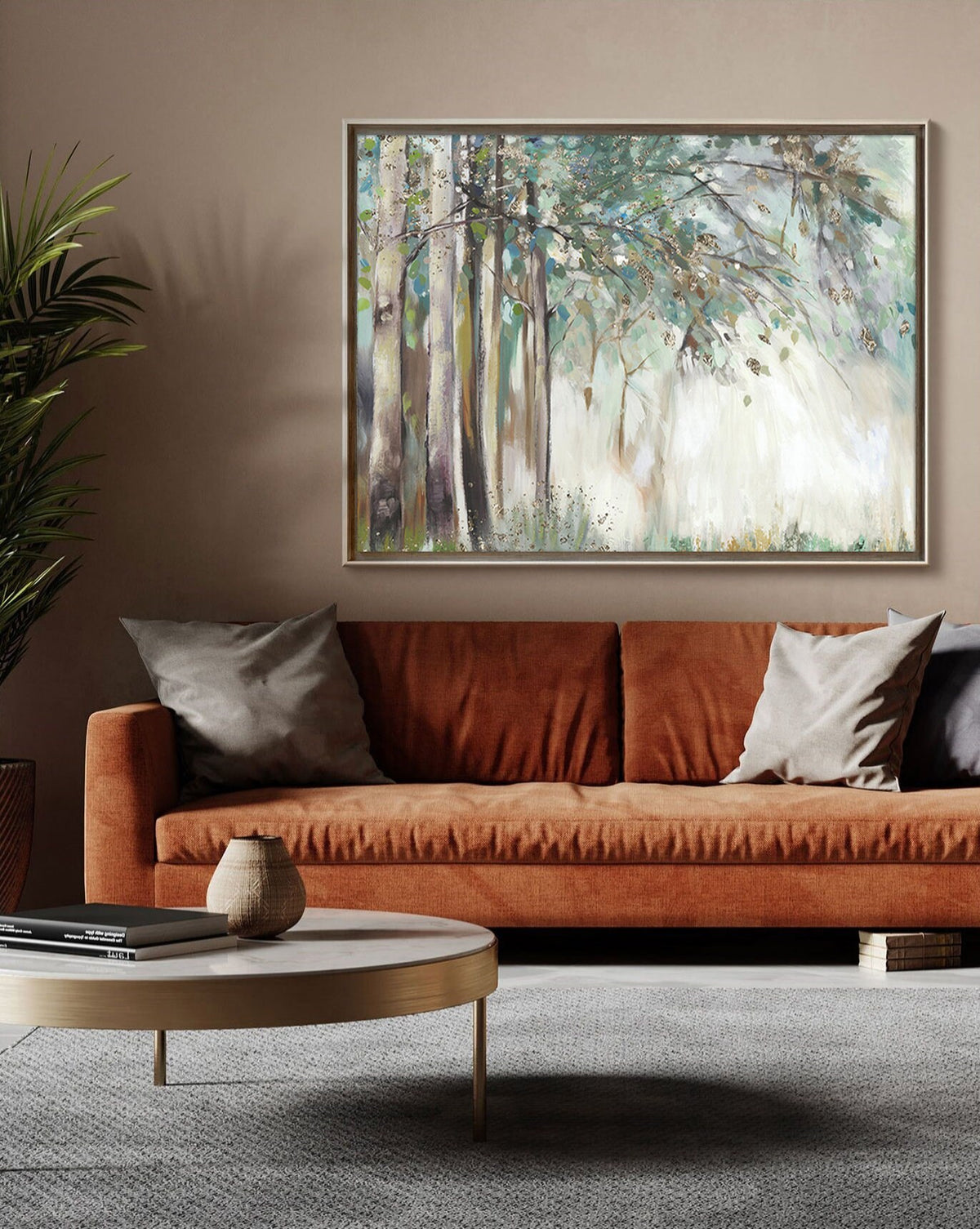 May include: A painting of a forest scene with tall trees and a soft, light background. The trees are painted in shades of green, brown, and white, and the background is a soft, hazy blue. The painting is framed in a simple, brown frame.