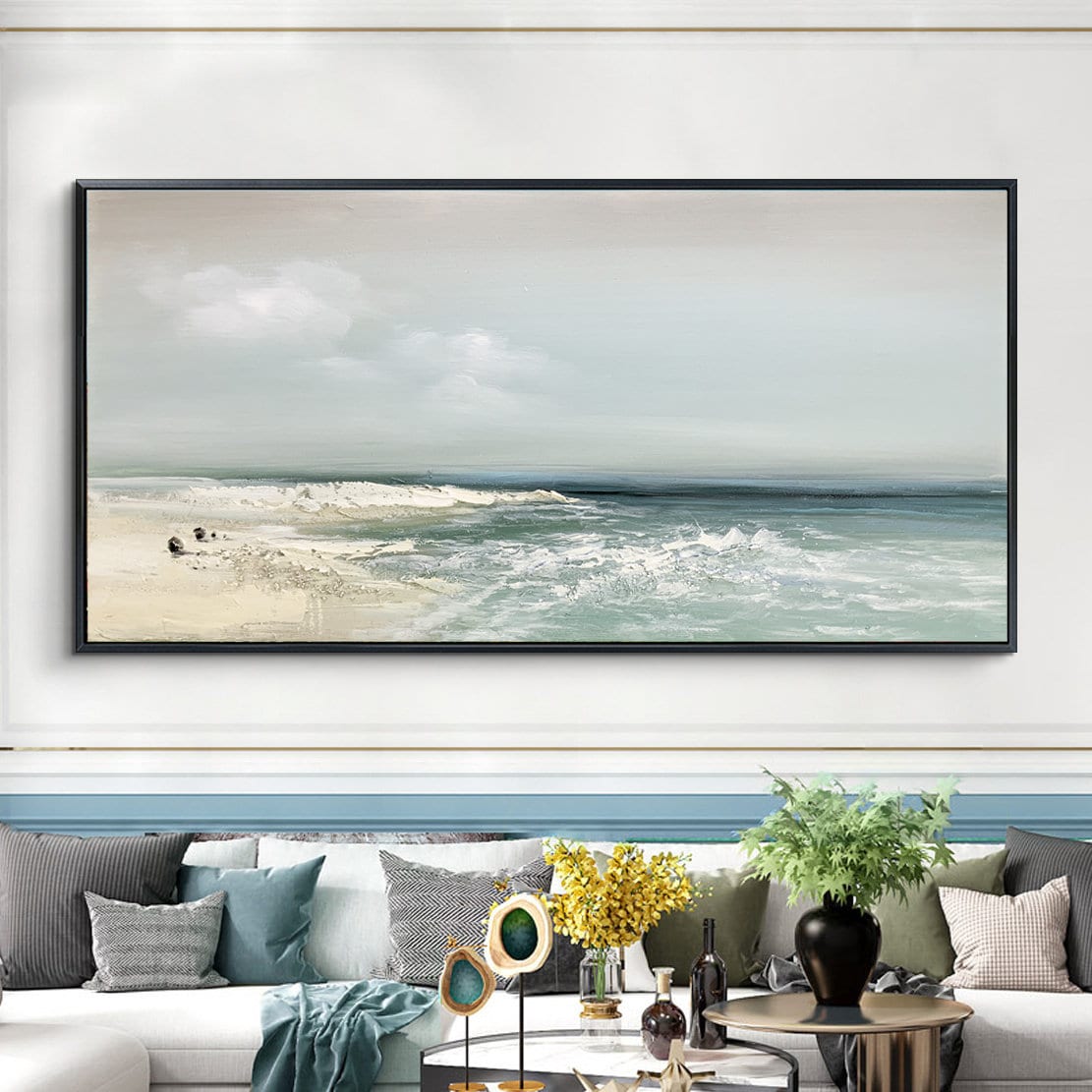 Sandy Beach – Blue and White Beach Seascape Wall Art | Abstract Oil Painting, view 5