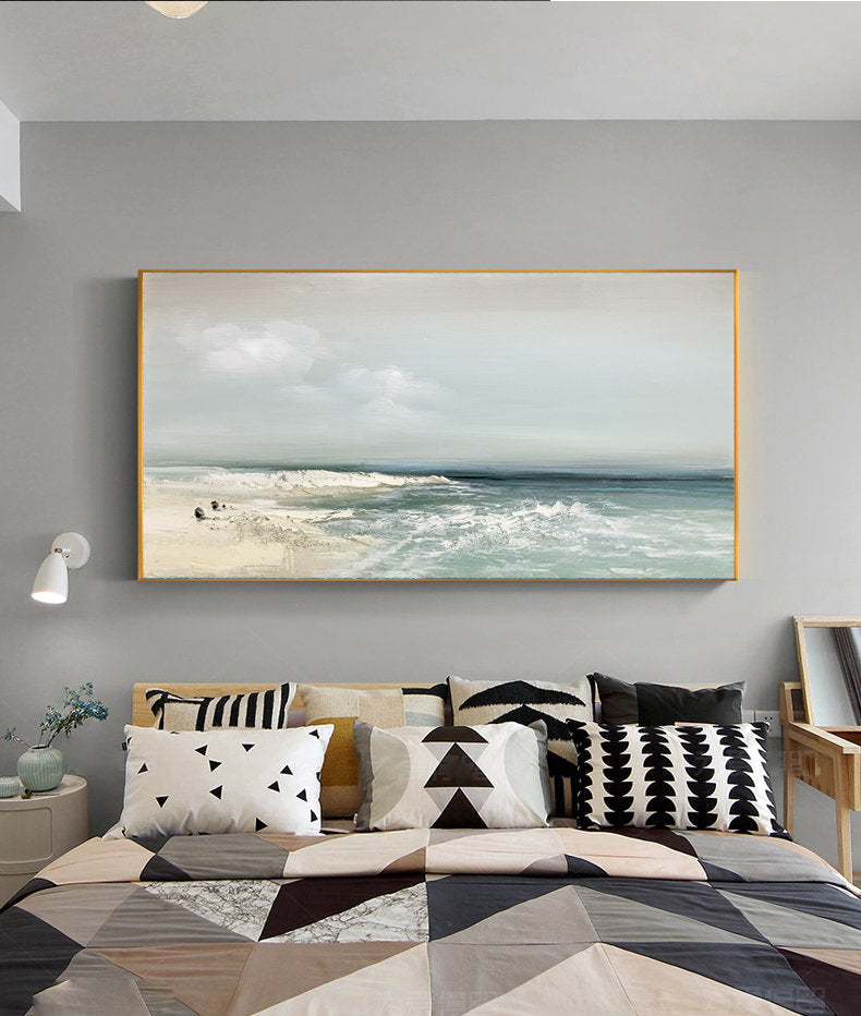 Sandy Beach – Blue and White Beach Seascape Wall Art | Abstract Oil Painting, view 4