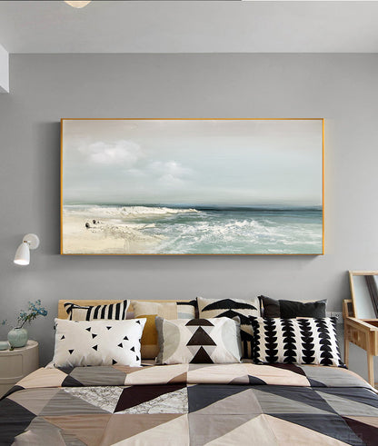 Sandy Beach – Blue and White Beach Seascape Wall Art | Abstract Oil Painting, view 4