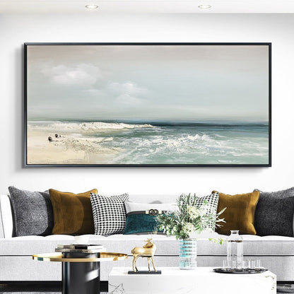 Blue and White Abstract Beach Seascape Wall Art – Sandy Beach Oil Painting