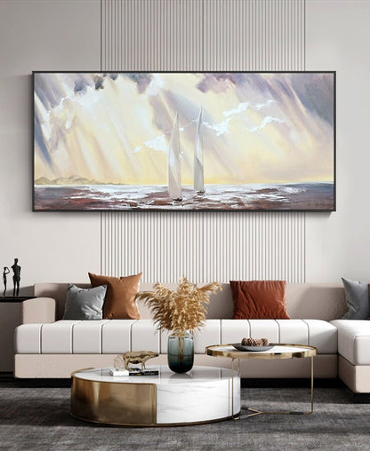May include: A painting of two white sailboats on a body of water with a yellow and purple sky. The sky is filled with clouds and rays of light. The painting is framed in a black frame.
