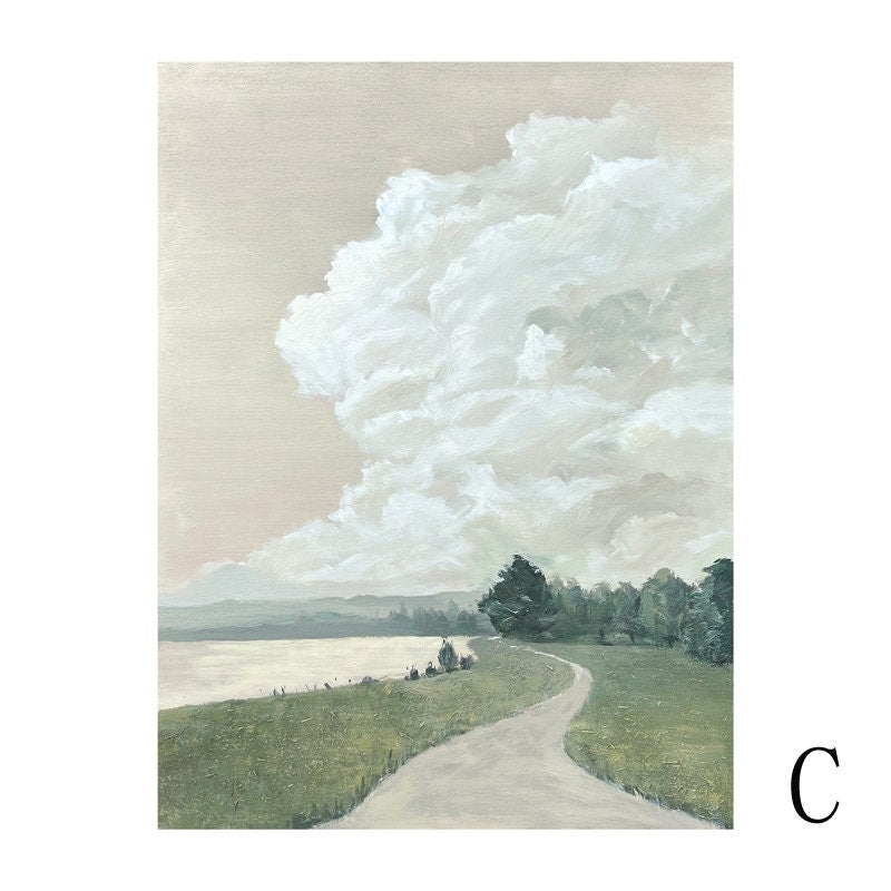 May include: A painting of a winding path leading to a body of water with a large, fluffy cloud in the sky. The path is lined with trees and the water is calm and reflective.