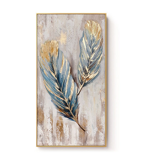 Original Animal Feather Oil Painting on Canvas, Abstract Blue and Gold Feather Canvas Wall Art, Modern Minimalist Wall Art for Living Room