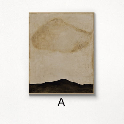May include: Abstract art print with a brown and beige background and a black silhouette of a mountain range at the bottom. The print is framed in a gold frame.