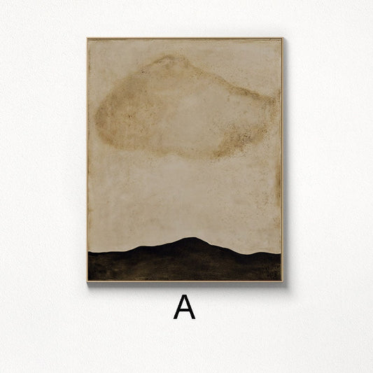 May include: Abstract art print with a brown and beige background and a black silhouette of a mountain range at the bottom. The print is framed in a gold frame.