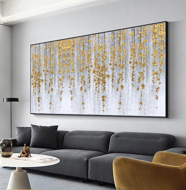 Gold Foil Flower Painting on Canvas, Large Abstract Wall Art – Gold Floral Wall Art | Abstract Impasto Hand-Painted Oil Paint