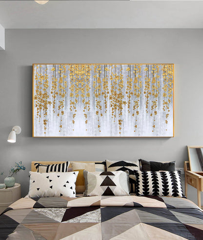 Gold Foil Flower Painting on Canvas, Large Abstract Wall Art – Gold Floral Wall Art | Abstract Impasto Hand-Painted Oil Paint