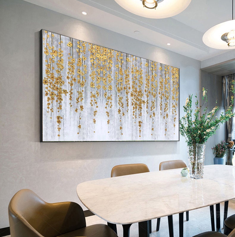 Gold Abstract Impasto Floral Wall Art – Gold Foil Flower Painting on Canvas