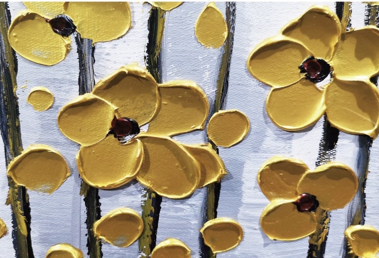 Gold Foil Flower Painting on Canvas, Large Abstract Wall Art – Gold Floral Wall Art | Abstract Impasto Hand-Painted Oil Paint