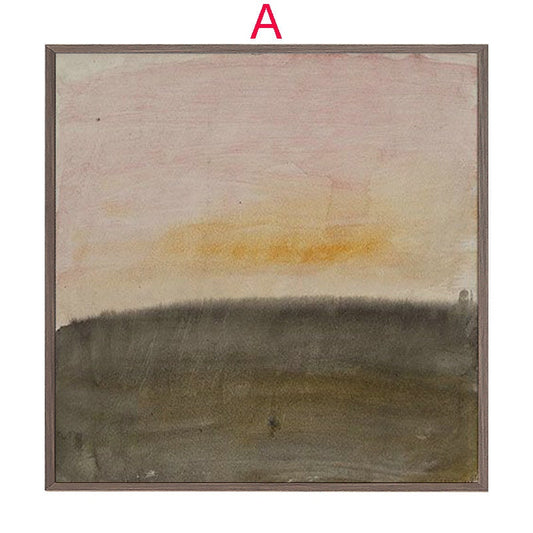 May include: Abstract watercolor painting with a pink, yellow, and brown color scheme. The painting depicts a landscape with a horizon line and a sky with a yellow band of color.