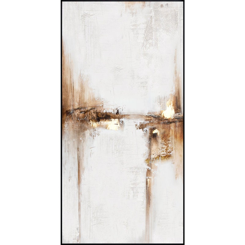 May include: Abstract painting with brown and gold accents on a white background. The painting has a textured look and is framed in black.