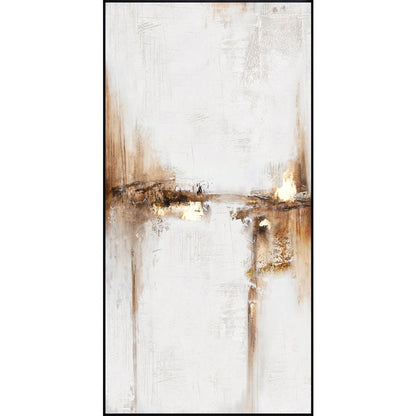May include: Abstract painting with brown and gold accents on a white background. The painting has a textured look and is framed in black.