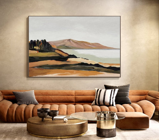 May include: Abstract landscape painting with a mountain range, a body of water, and a group of trees in the foreground. The painting is done in shades of brown, green, and blue.
