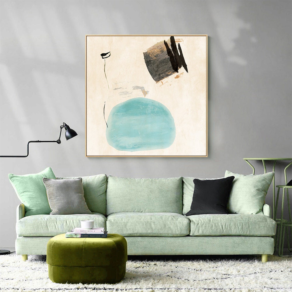 May include: Abstract art print with a light blue circle, black and brown brushstrokes, and a white background.