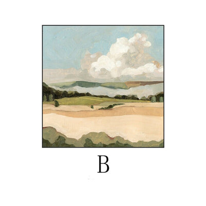 May include: A painting of a landscape with a large white cloud in the sky, green hills, and a field in the foreground.