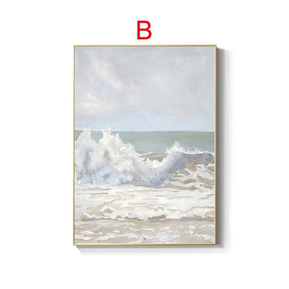 May include: A framed painting of a seascape with a large white wave crashing on the shore. The sky is a light blue with white clouds. The water is a light blue-green. The sand is a light brown.