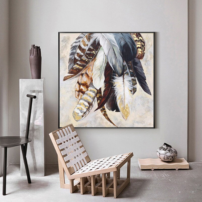 Original Animal Feather Oil Painting on Canvas, Abstract Colorful Feather Canvas Wall Art, Modern Minimalist Artwork for Living Room Bedroom