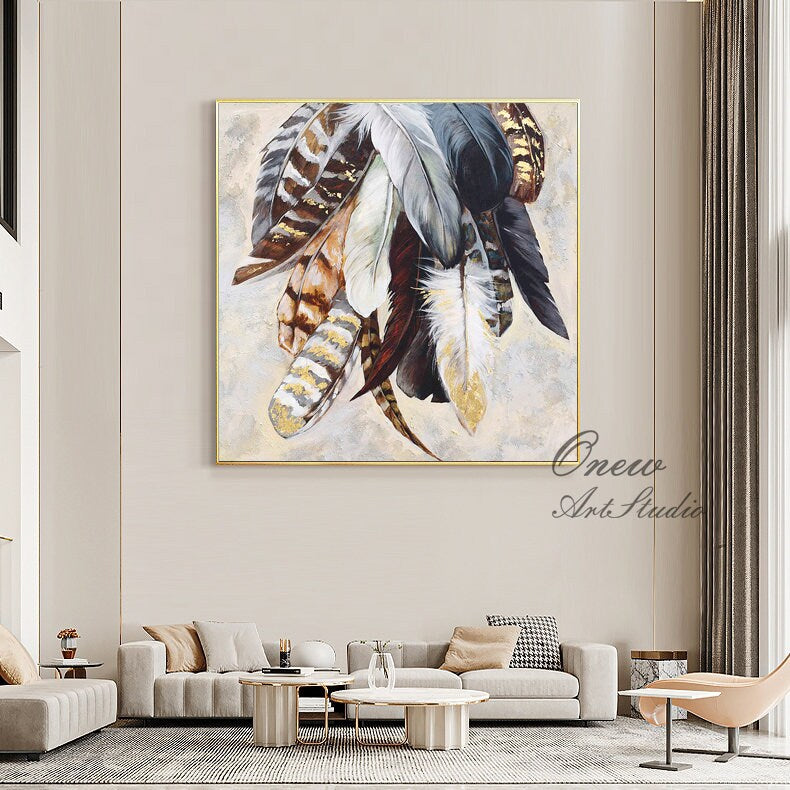 Original Animal Feather Oil Painting on Canvas, Abstract Colorful Feather Canvas Wall Art, Modern Minimalist Artwork for Living Room Bedroom