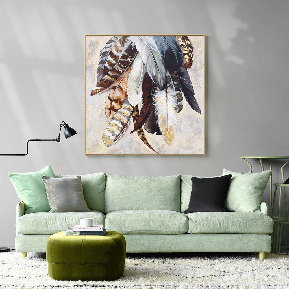 Original Animal Feather Oil Painting on Canvas, Abstract Colorful Feather Canvas Wall Art, Modern Minimalist Artwork for Living Room Bedroom