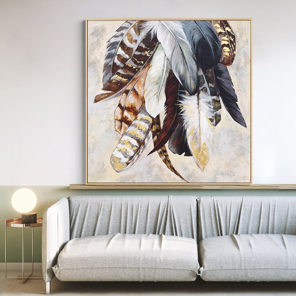 Original Animal Feather Oil Painting on Canvas, Abstract Colorful Feather Canvas Wall Art, Modern Minimalist Artwork for Living Room Bedroom