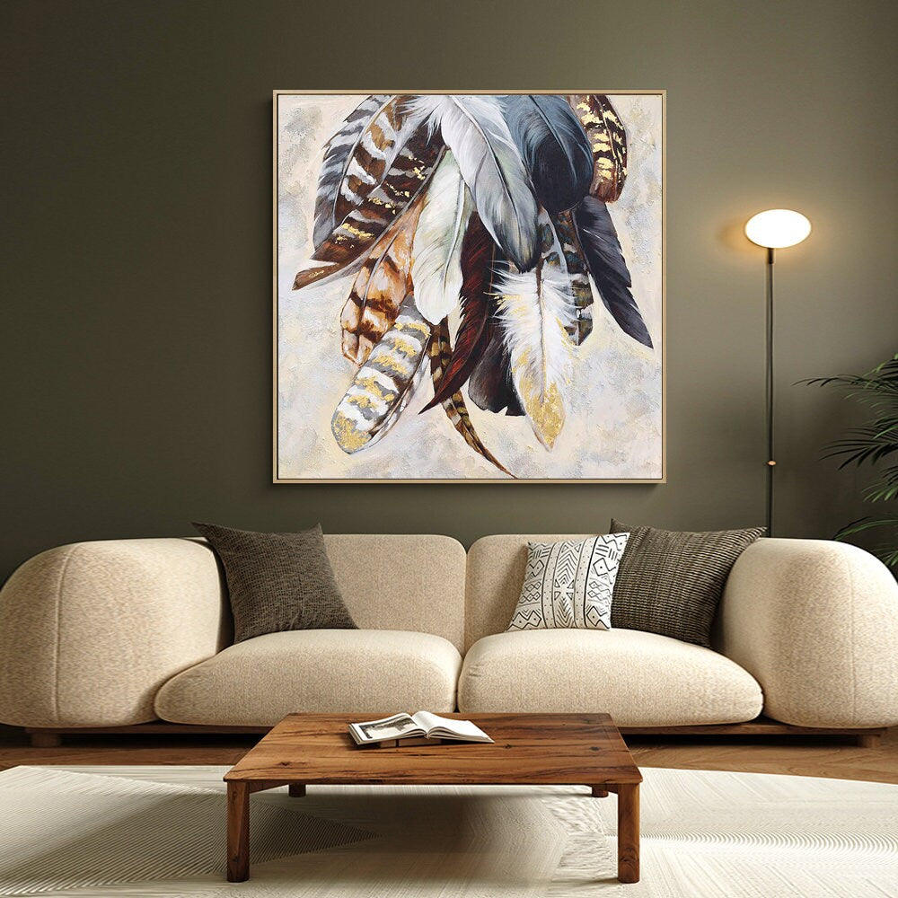 Original Animal Feather Oil Painting on Canvas, Abstract Colorful Feather Canvas Wall Art, Modern Minimalist Artwork for Living Room Bedroom