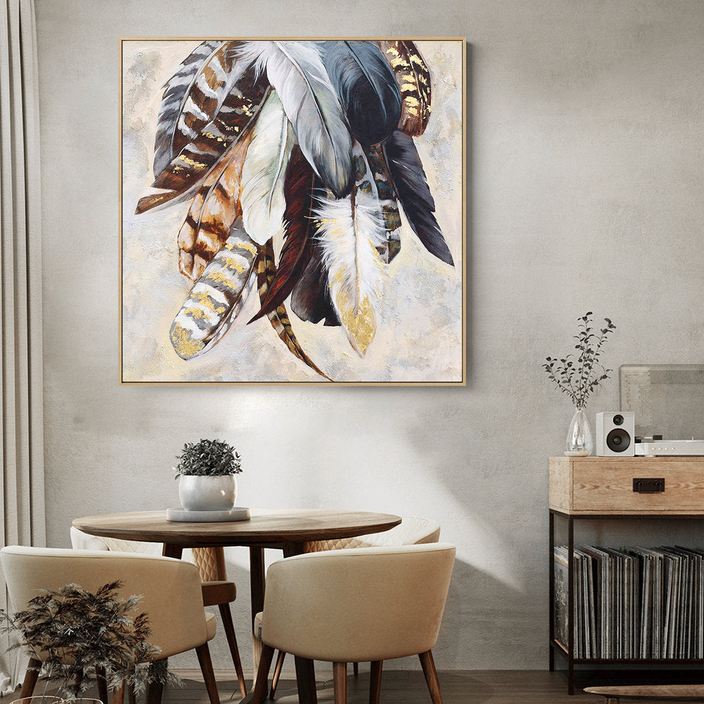 Original Animal Feather Oil Painting on Canvas, Abstract Colorful Feather Canvas Wall Art, Modern Minimalist Artwork for Living Room Bedroom