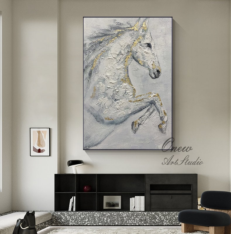 Abstract White Horse Oil Painting on Canvas, Original Hand-painted Horse Canvas Wall Art, Modern Animal Painting for Living Room, Home Décor