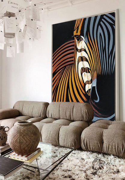 Abstract Colorful Zebra Oil Painting on Canvas, Large Original Zebra Canvas Wall Art, Hand-painted Animal Painting for Kids Room Living Room