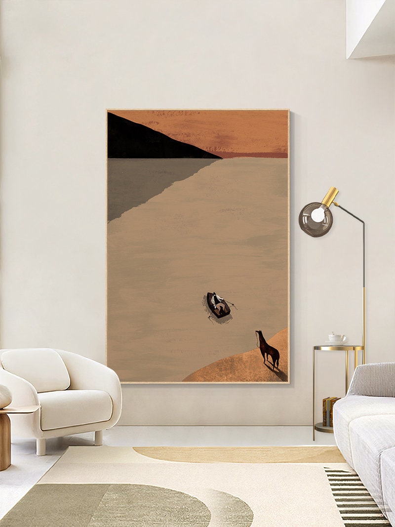 Large Abstract Landscape Oil Painting on Canvas, Original Mountain and River Canvas Art, Modern Ferryman and Horse Wall Art for Living Room