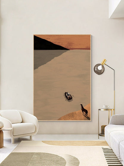 Large Abstract Landscape Oil Painting on Canvas, Original Mountain and River Canvas Art, Modern Ferryman and Horse Wall Art for Living Room