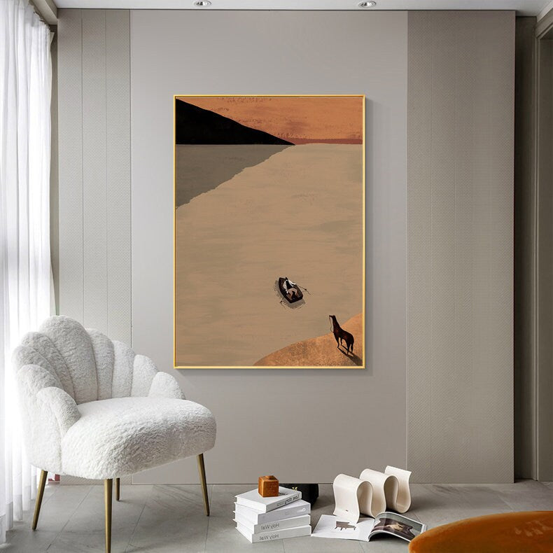 Large Abstract Landscape Oil Painting on Canvas, Original Mountain and River Canvas Art, Modern Ferryman and Horse Wall Art for Living Room
