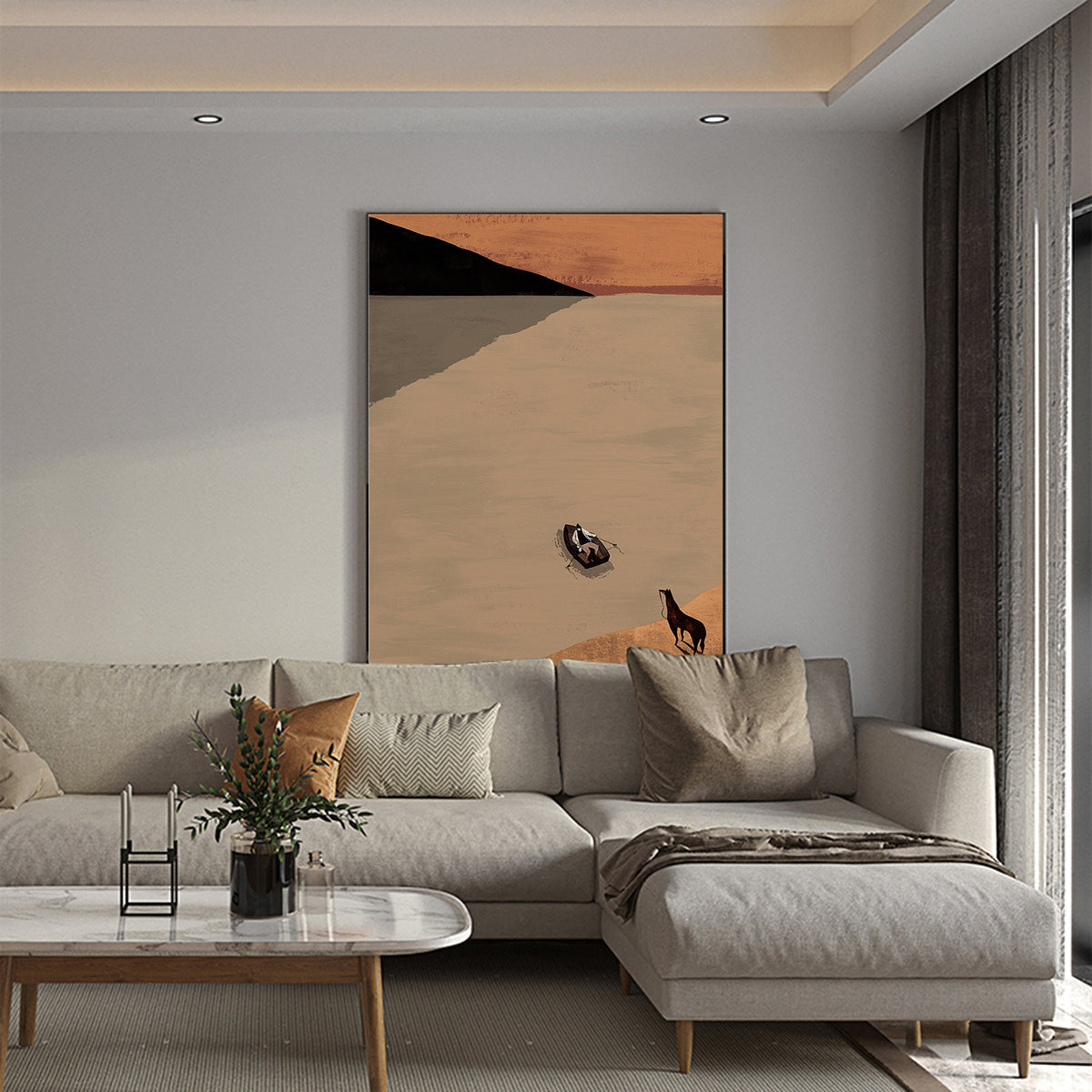 Large Abstract Landscape Oil Painting on Canvas, Original Mountain and River Canvas Art, Modern Ferryman and Horse Wall Art for Living Room