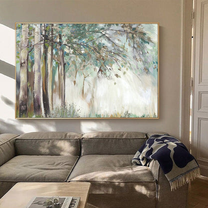May include: A painting of a forest scene with trees and foliage in shades of green, white, and brown. The painting has a soft, dreamy feel and is framed in a gold frame.