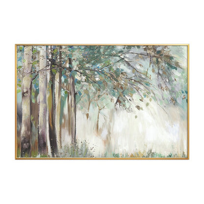 May include: A framed abstract painting of a forest scene with a light blue, green, and white color scheme. The painting features a group of trees with a soft, hazy background.