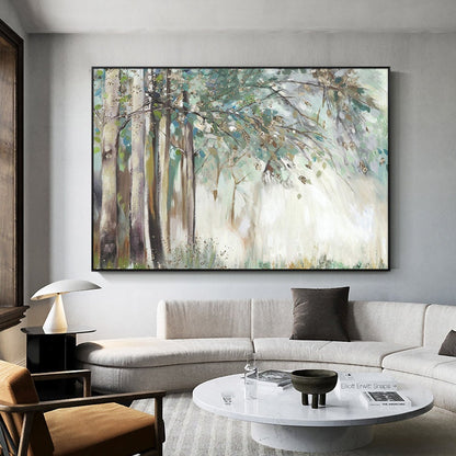 May include: A painting of a forest scene with tall trees and green leaves. The background is a soft white with hints of gold. The painting is framed in a black frame.