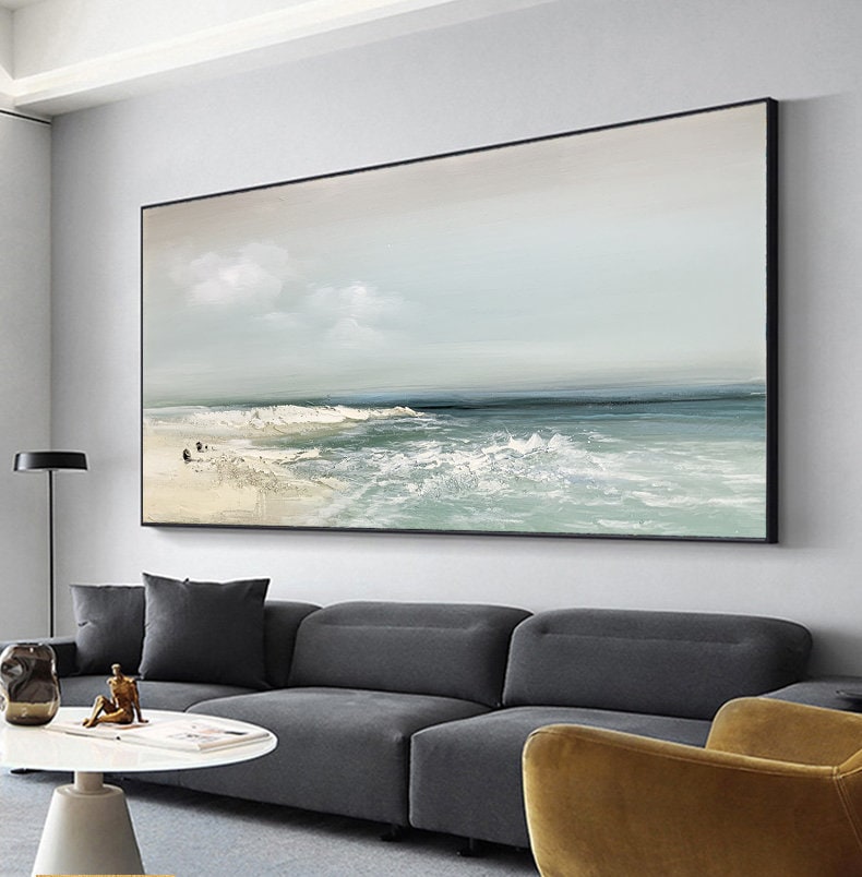 Blue and White Abstract Beach Seascape Wall Art – Sandy Beach Oil Painting
