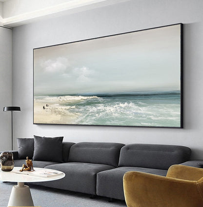 Blue and White Abstract Beach Seascape Wall Art – Sandy Beach Oil Painting