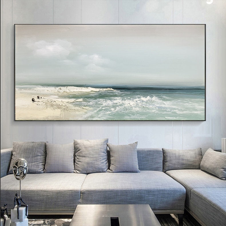 Blue and White Abstract Beach Seascape Wall Art – Sandy Beach Oil Painting