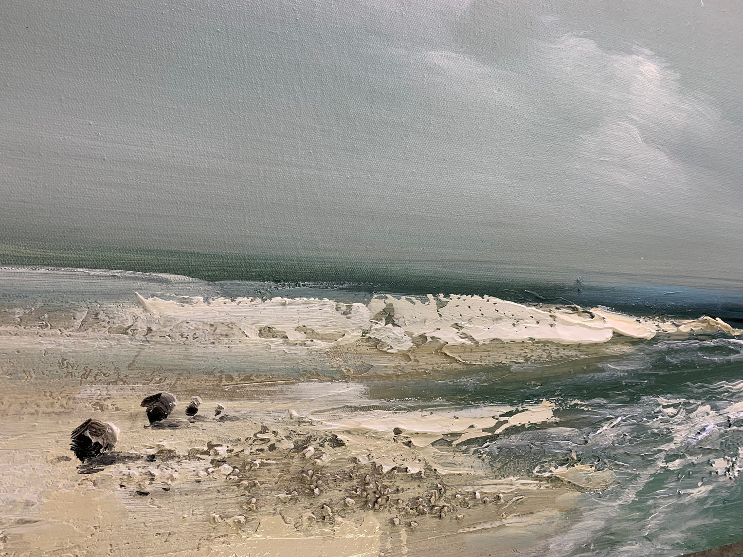 Sandy Beach – Blue and White Beach Seascape Wall Art | Abstract Oil Painting, view 3